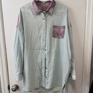 Umgee Light Blue and Pink Plaid Button Down Shirt